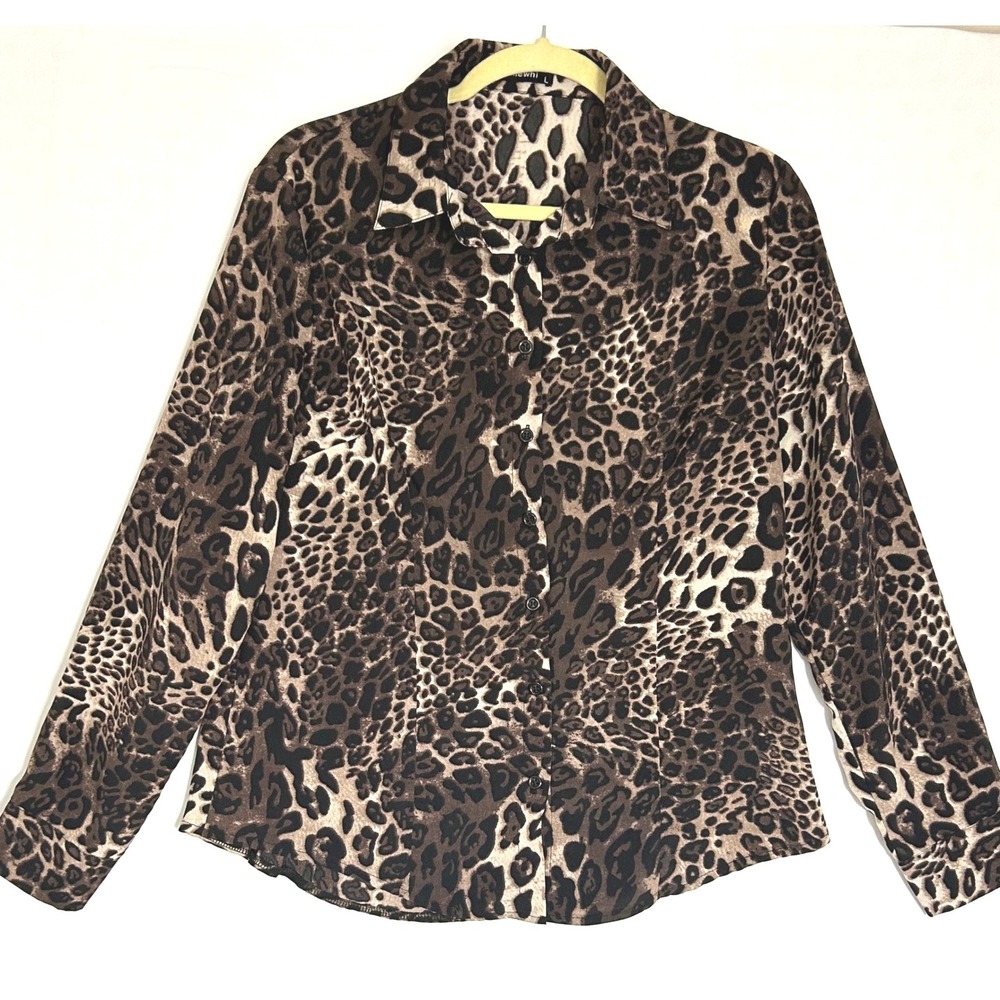 Atnlewhi Womens Leopard Print Button Down Shirt Brown Black Long Sleeve Large
